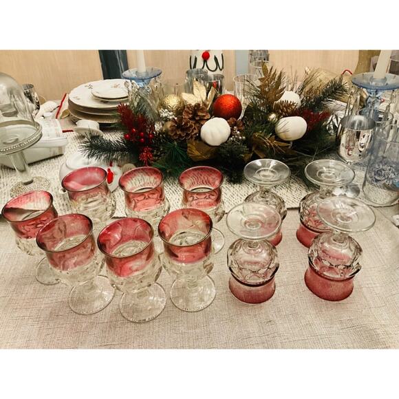 ELEVEN (11) 4" Tall King's Crown Thumbprint Line Cranberry Flashed Wine Glasses - Picture 5 of 7